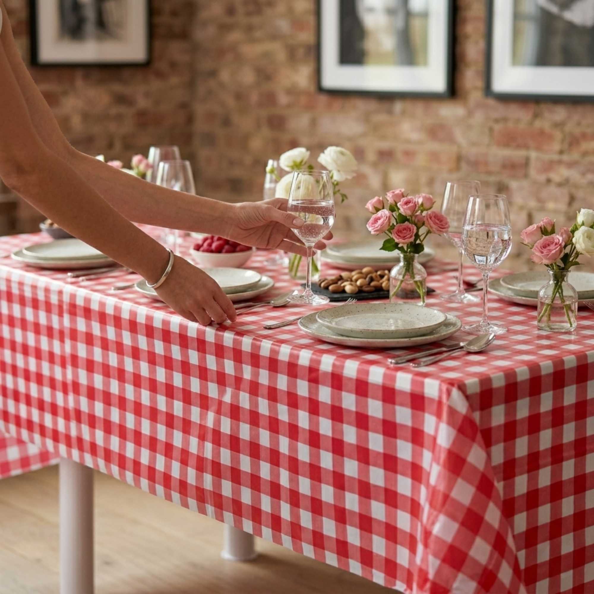 Table Tek Rectangle Red Gingham Plastic Table Cover - 108" x 54" - 2 count box