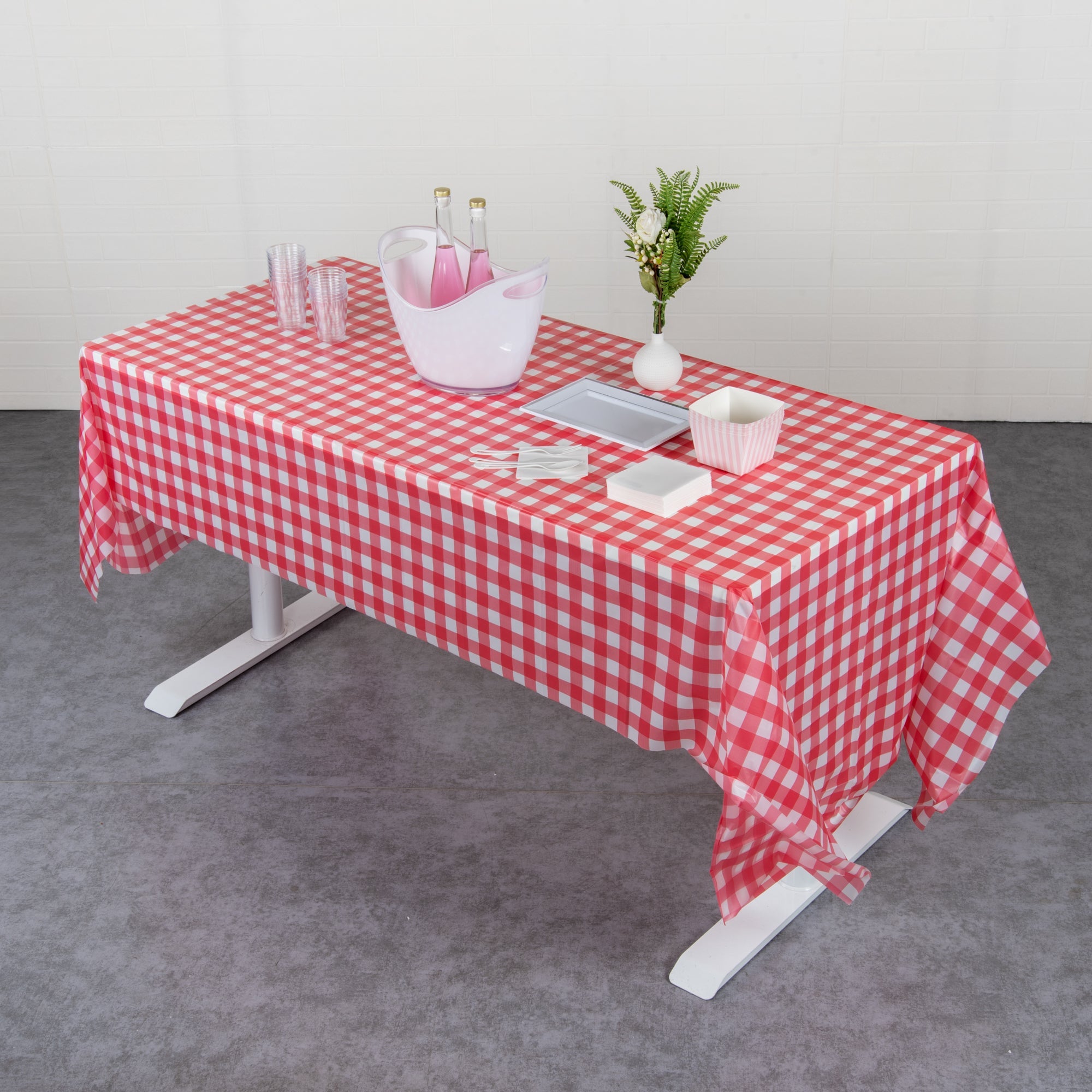 Table Tek Rectangle Red Gingham Plastic Table Cover - 108" x 54" - 2 count box
