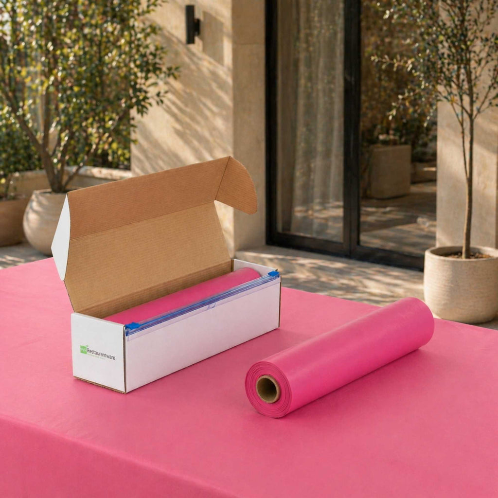 Table Tek Pink Plastic Table Cover Roll - with Slide Cutter - 100' x 54" - 10 count box