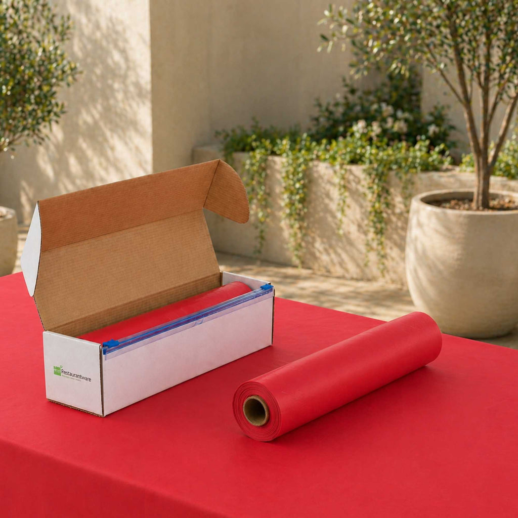 Table Tek Red Plastic Table Cover Roll - with Slide Cutter - 100' x 54" - 10 count box