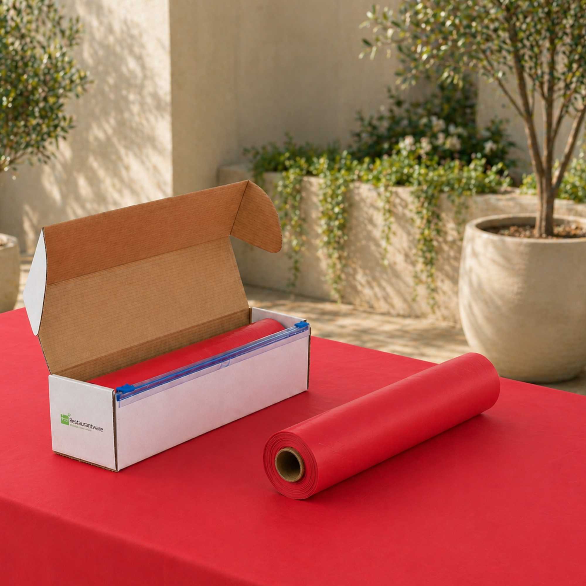 Table Tek Red Plastic Table Cover Roll - with Slide Cutter - 100' x 54" - 10 count box