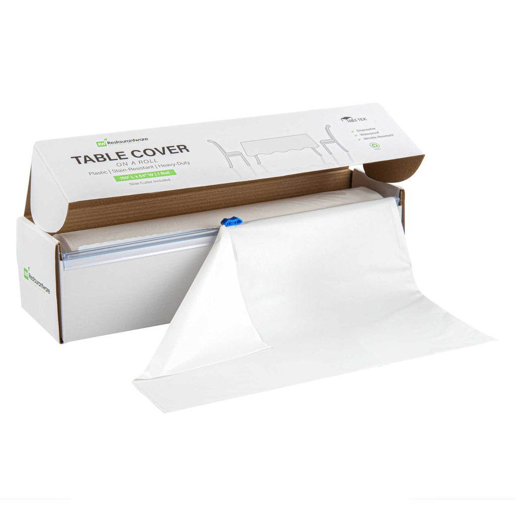 Table Tek White Plastic Table Cover Roll - with Slide Cutter - 100' x 54" - 1 count box