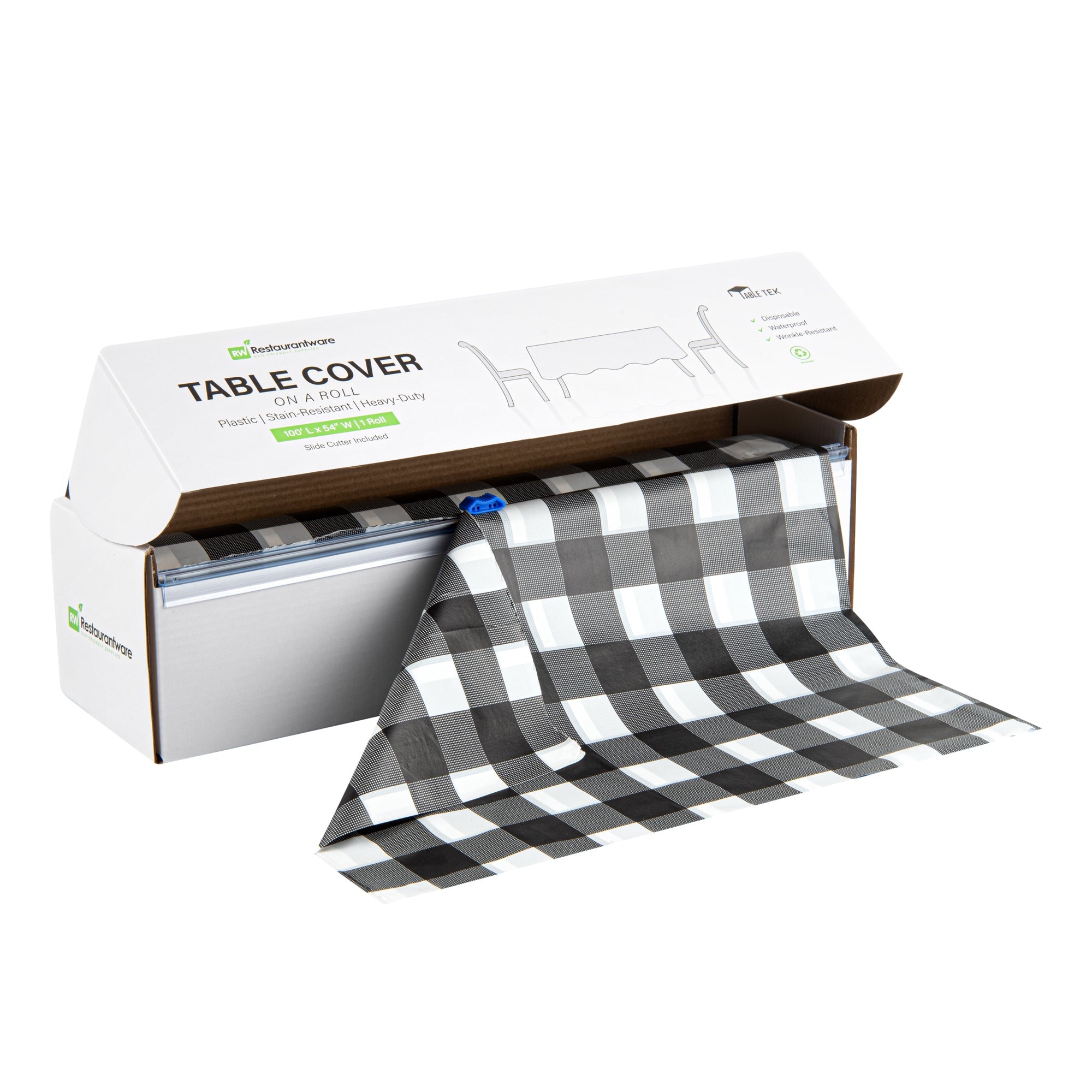 Table Tek Black Gingham Plastic Table Cover Roll - with Slide Cutter - 100' x 54" - 1 count box