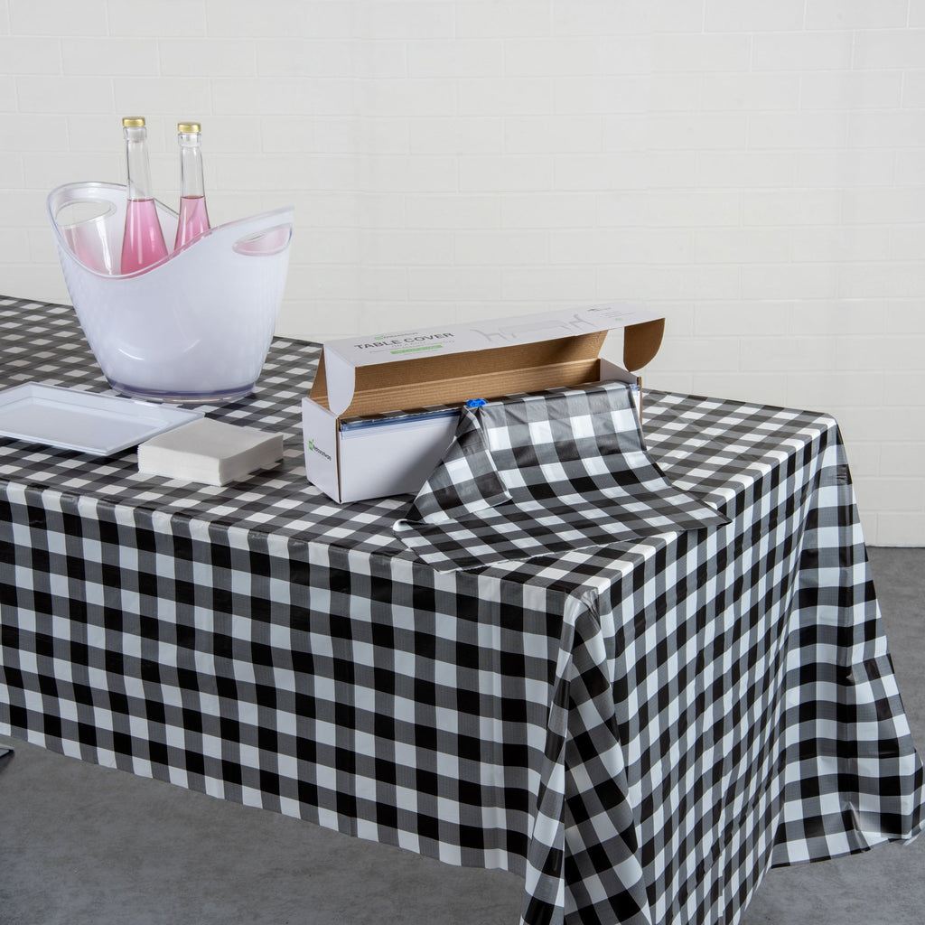 Table Tek Black Gingham Plastic Table Cover Roll - with Slide Cutter - 100' x 54" - 10 count box