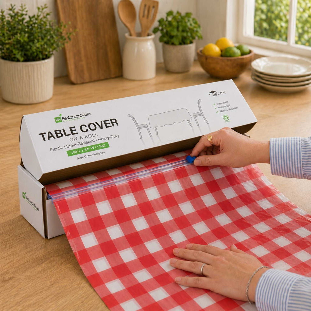 Table Tek Red Gingham Plastic Table Cover Roll - with Slide Cutter - 100' x 54" - 10 count box