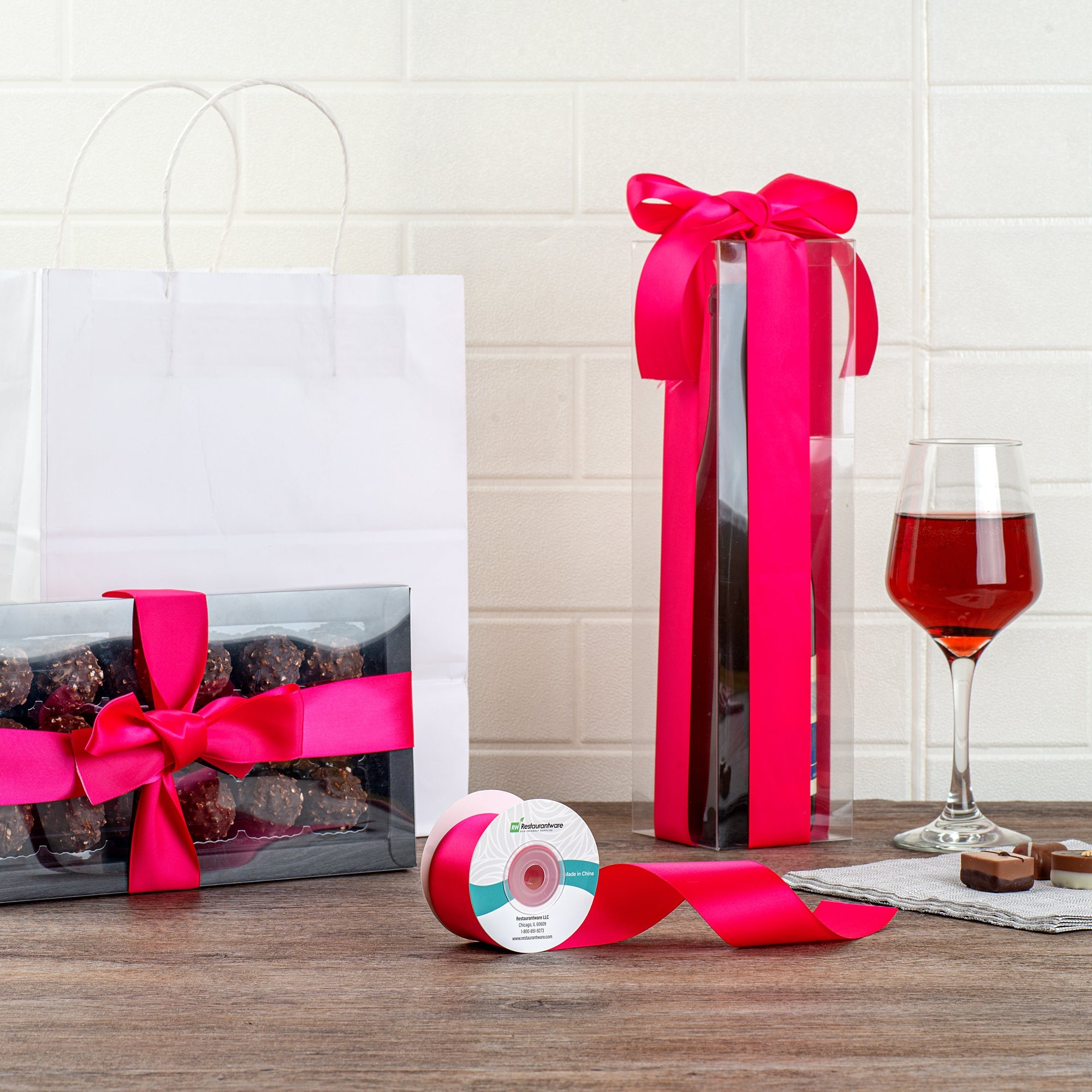 Gift Tek Shocking Pink Polyester Satin Ribbon - Single Face - 1 1/2" x 10 yds - 1 count box