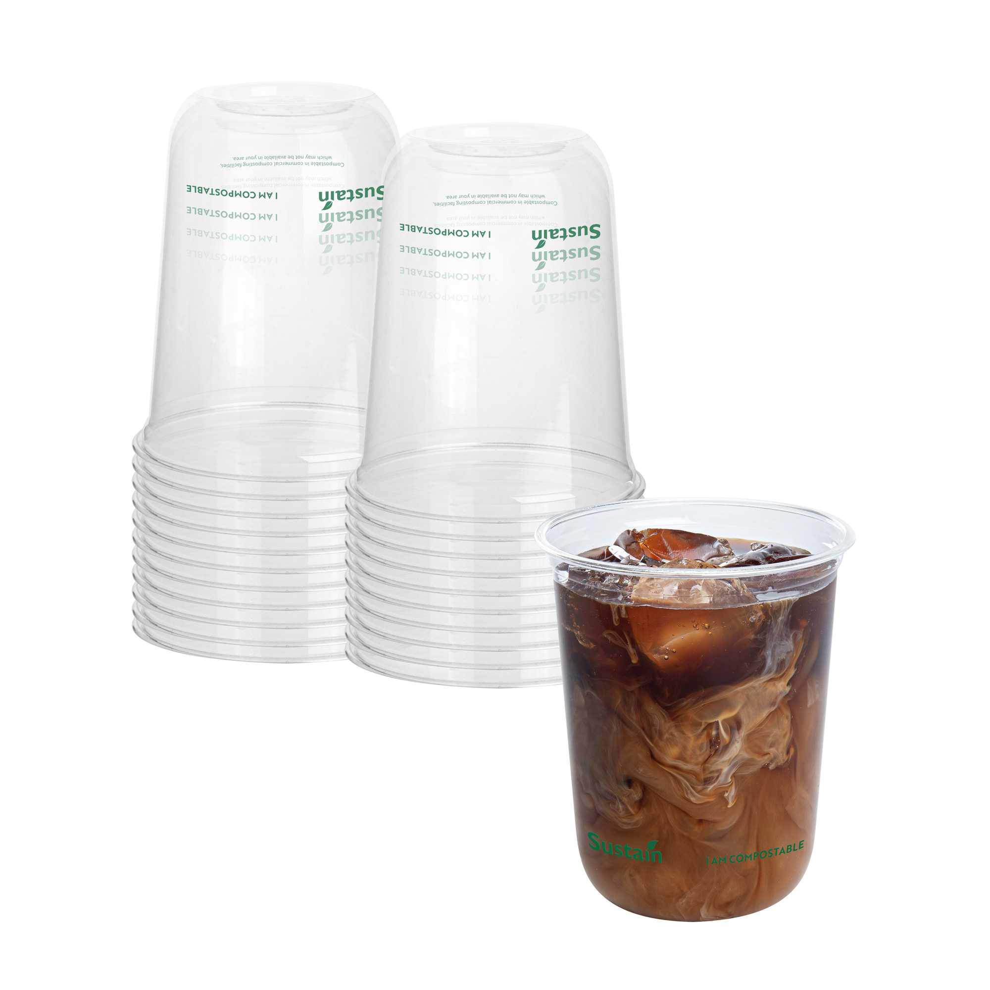 Sustain 12 oz U-Shape Clear PLA Plastic Drinking Cup - Compostable, Rounded Bottom - 3 1/2" x 3 1/2" x 4 1/4" - 1000 count box