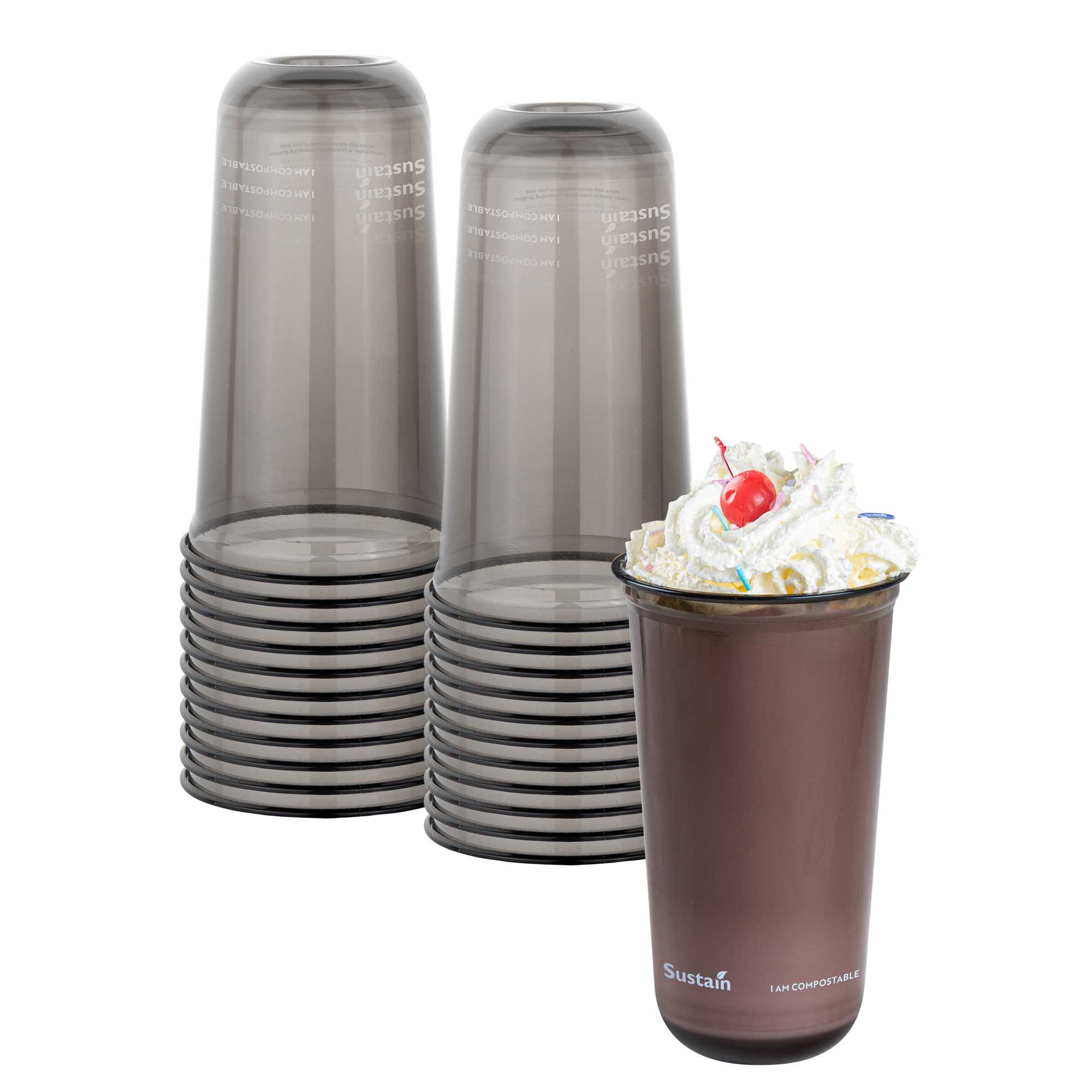 Sustain 24 oz U-Shape Black PLA Plastic Drinking Cup - Compostable, Rounded Bottom - 3 1/2" x 3 1/2" x 6" - 1000 count box