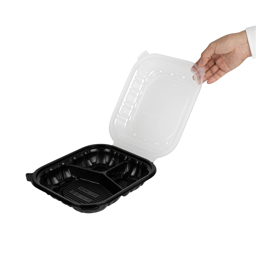 Thermo Tek 54 oz Black Plastic Clamshell Container - 3 Compartments, Microwavable - 10 1/4" x 9" x 3" - 100 count box