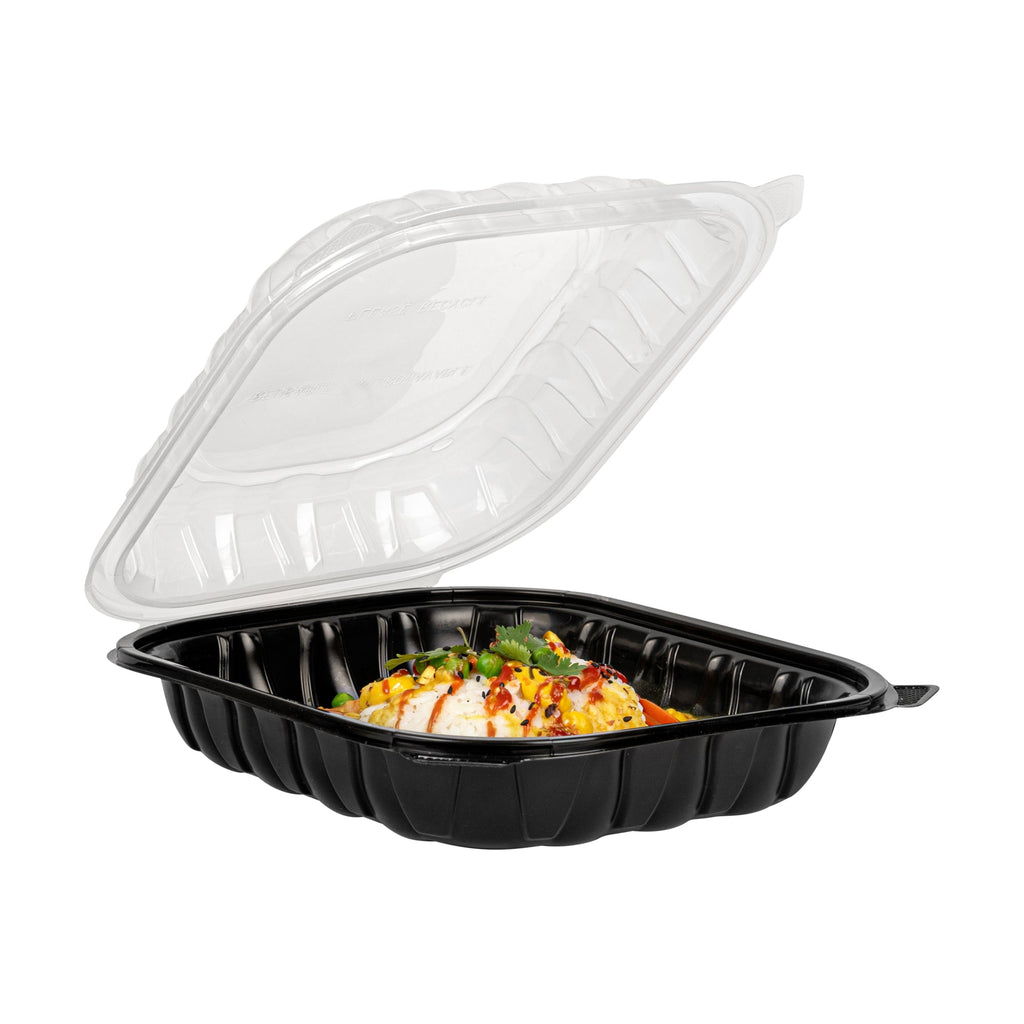 Thermo Tek 54 oz Black Plastic Clamshell Container - Microwavable - 10 1/4" x 9" x 3" - 100 count box