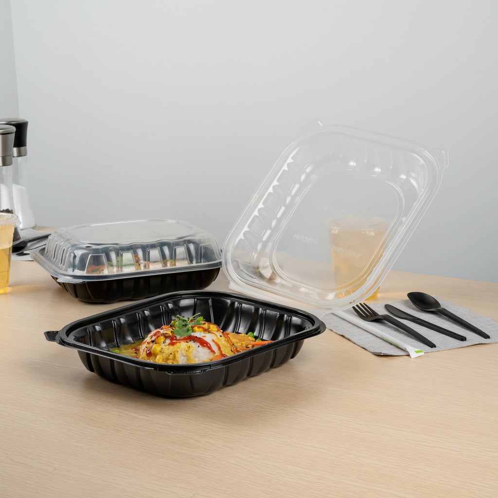 Thermo Tek 54 oz Black Plastic Clamshell Container - Microwavable - 10 1/4" x 9" x 3" - 100 count box