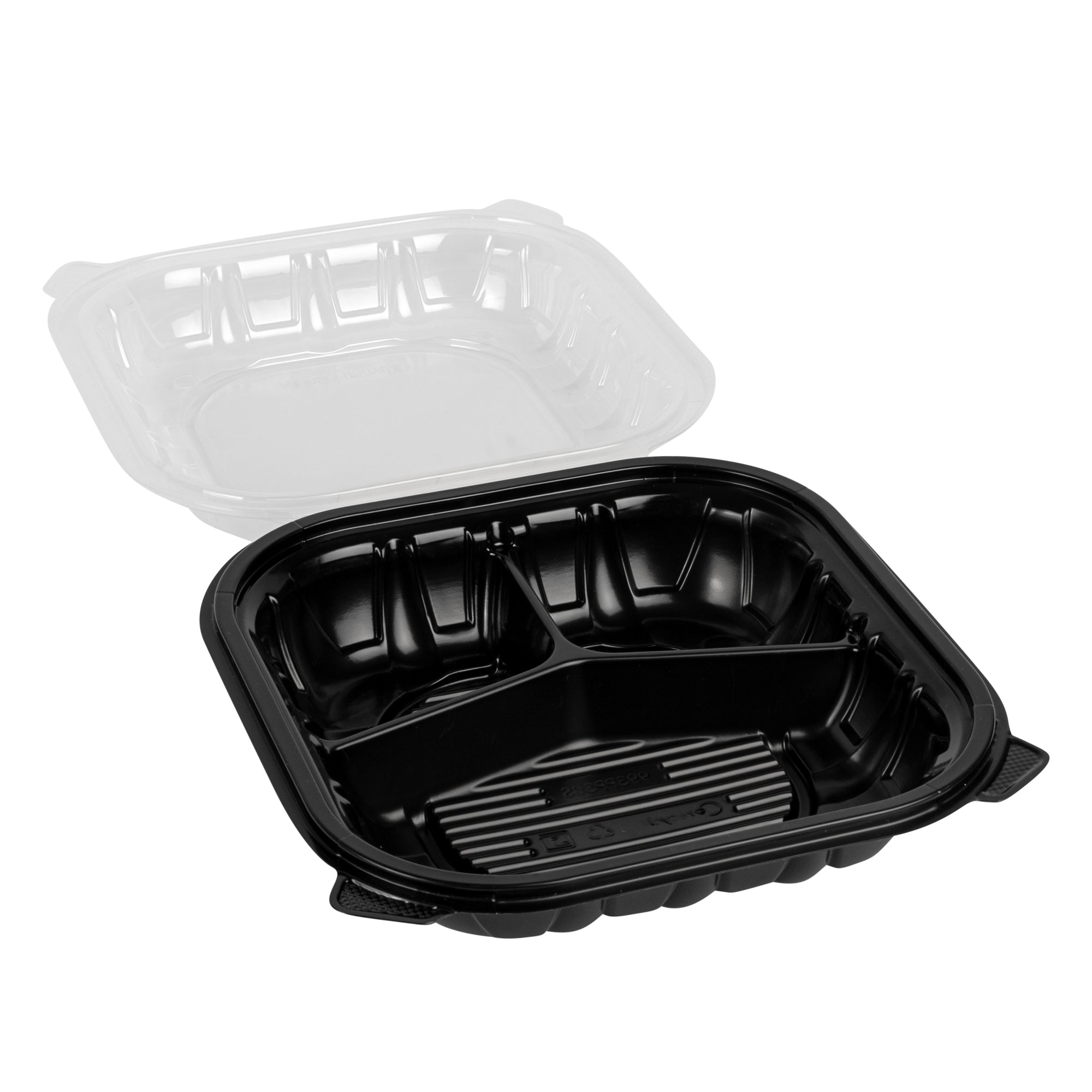Thermo Tek 40 oz Black Plastic Clamshell Container - 3 Compartments, Microwavable - 9" x 9" x 3" - 100 count box