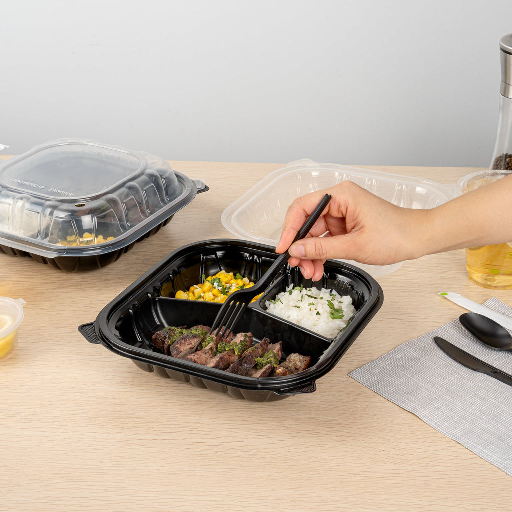 Thermo Tek 40 oz Black Plastic Clamshell Container - 3 Compartments, Microwavable - 9" x 9" x 3" - 100 count box