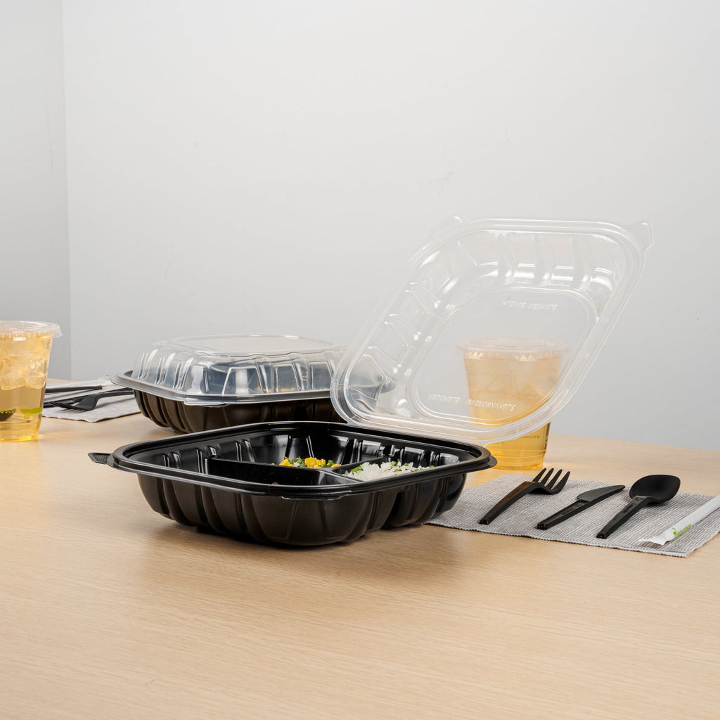 Thermo Tek 40 oz Black Plastic Clamshell Container - 3 Compartments, Microwavable - 9" x 9" x 3" - 100 count box