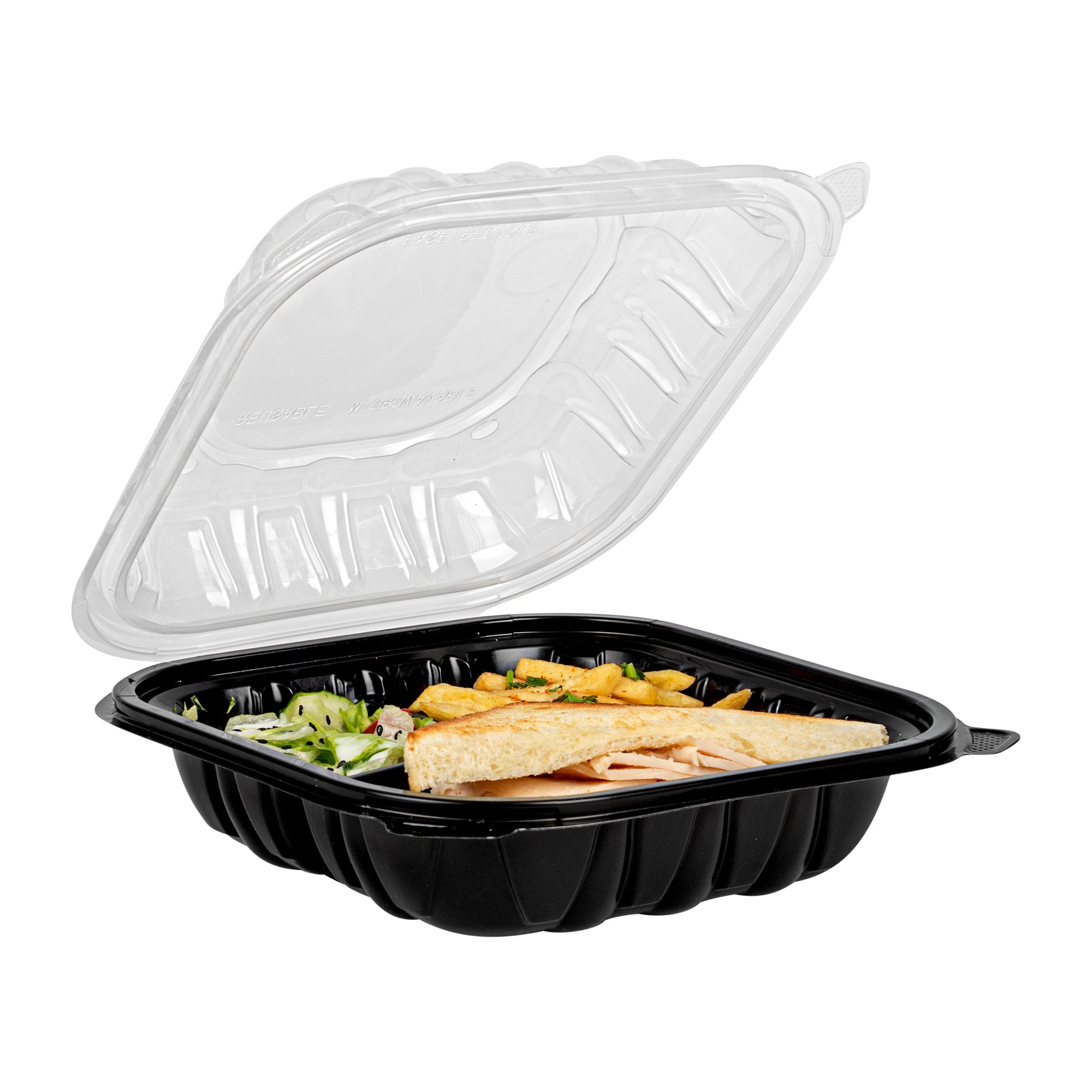 Thermo Tek 34 oz Black Plastic Clamshell Container - 3 Compartments, Microwavable - 8" x 8" x 3" - 100 count box