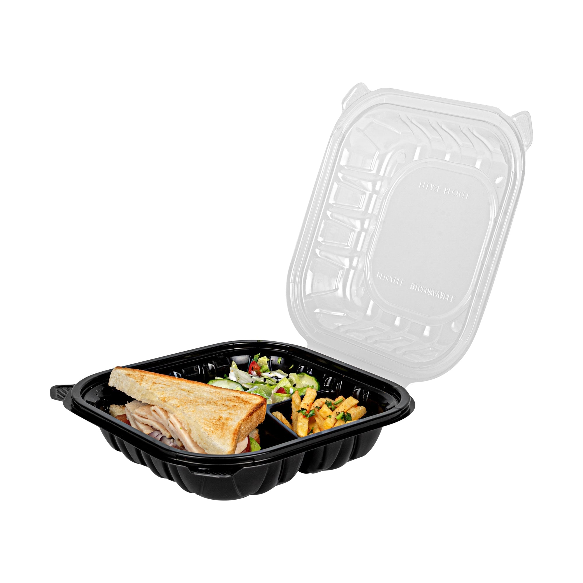 Thermo Tek 34 oz Black Plastic Clamshell Container - 3 Compartments, Microwavable - 8" x 8" x 3" - 100 count box