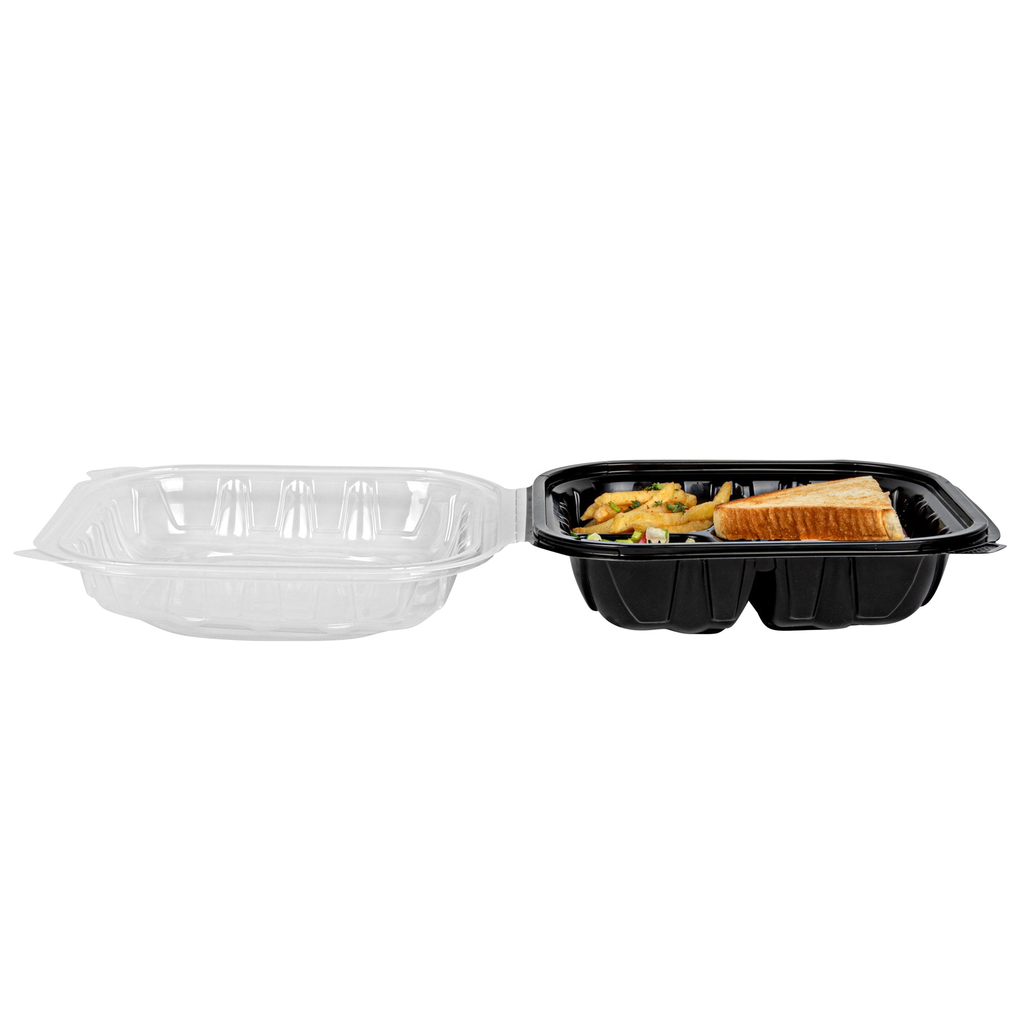 Thermo Tek 34 oz Black Plastic Clamshell Container - 3 Compartments, Microwavable - 8" x 8" x 3" - 100 count box