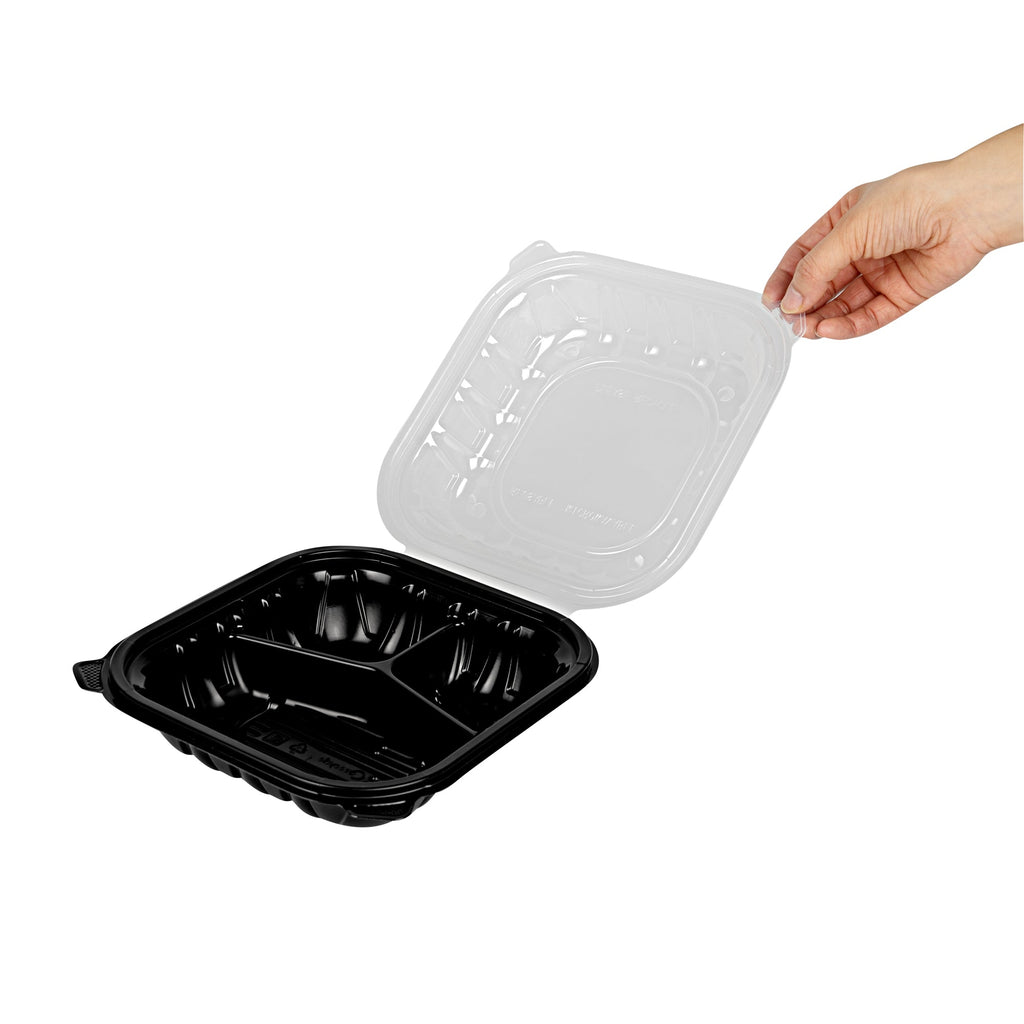 Thermo Tek 34 oz Black Plastic Clamshell Container - 3 Compartments, Microwavable - 8" x 8" x 3" - 100 count box