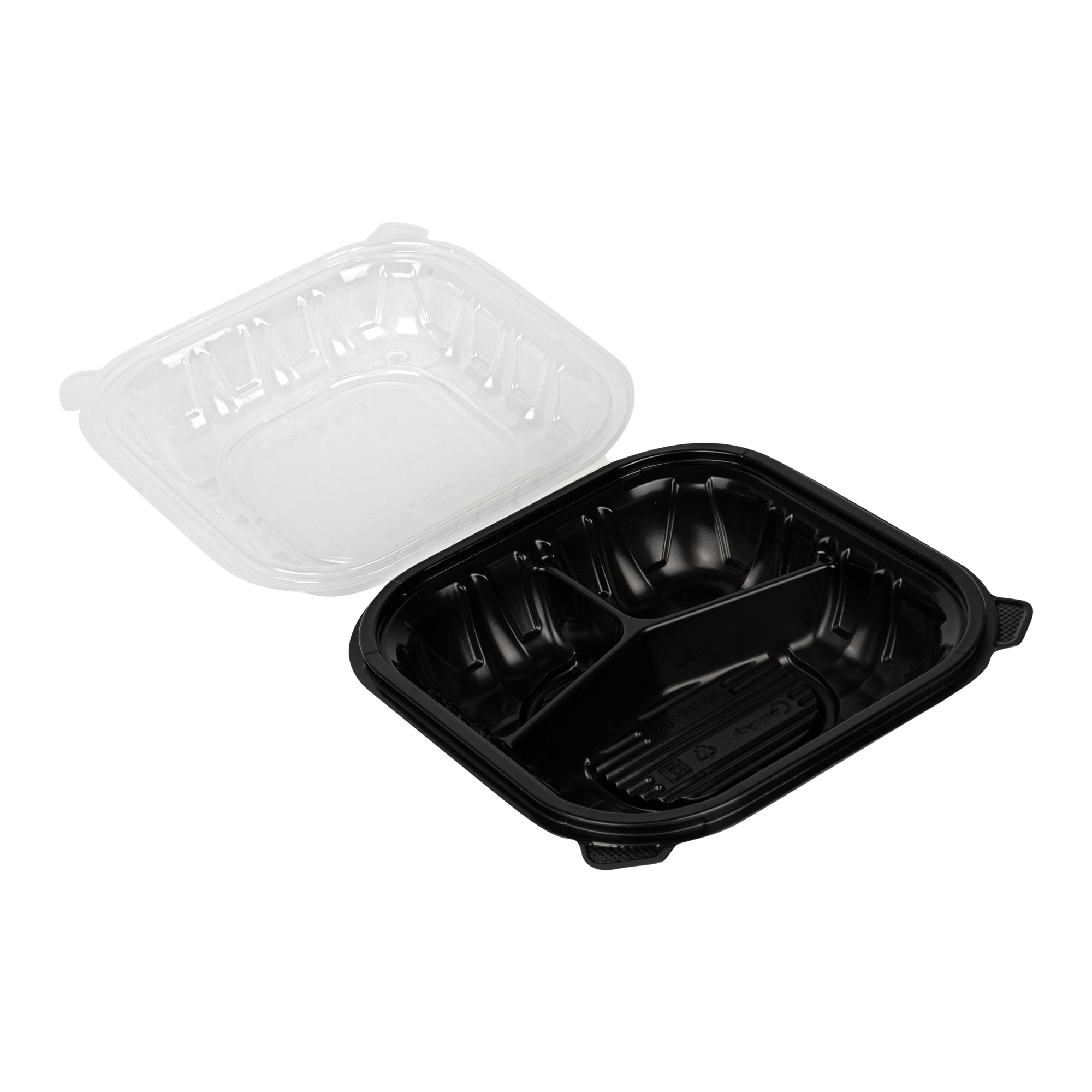 Thermo Tek 34 oz Black Plastic Clamshell Container - 3 Compartments, Microwavable - 8" x 8" x 3" - 100 count box