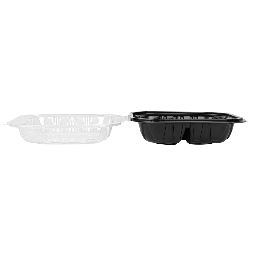 Thermo Tek 34 oz Black Plastic Clamshell Container - 3 Compartments, Microwavable - 8" x 8" x 3" - 100 count box