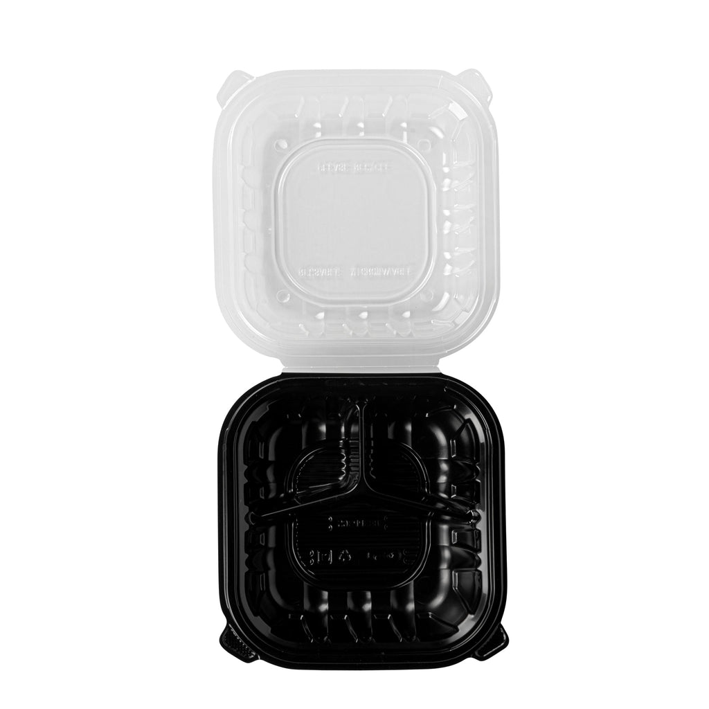 Thermo Tek 34 oz Black Plastic Clamshell Container - 3 Compartments, Microwavable - 8" x 8" x 3" - 100 count box