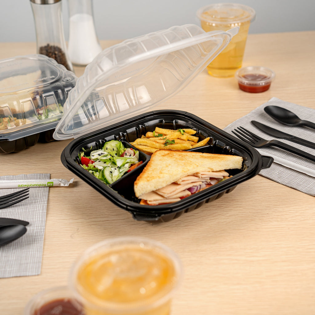 Thermo Tek 34 oz Black Plastic Clamshell Container - 3 Compartments, Microwavable - 8" x 8" x 3" - 100 count box