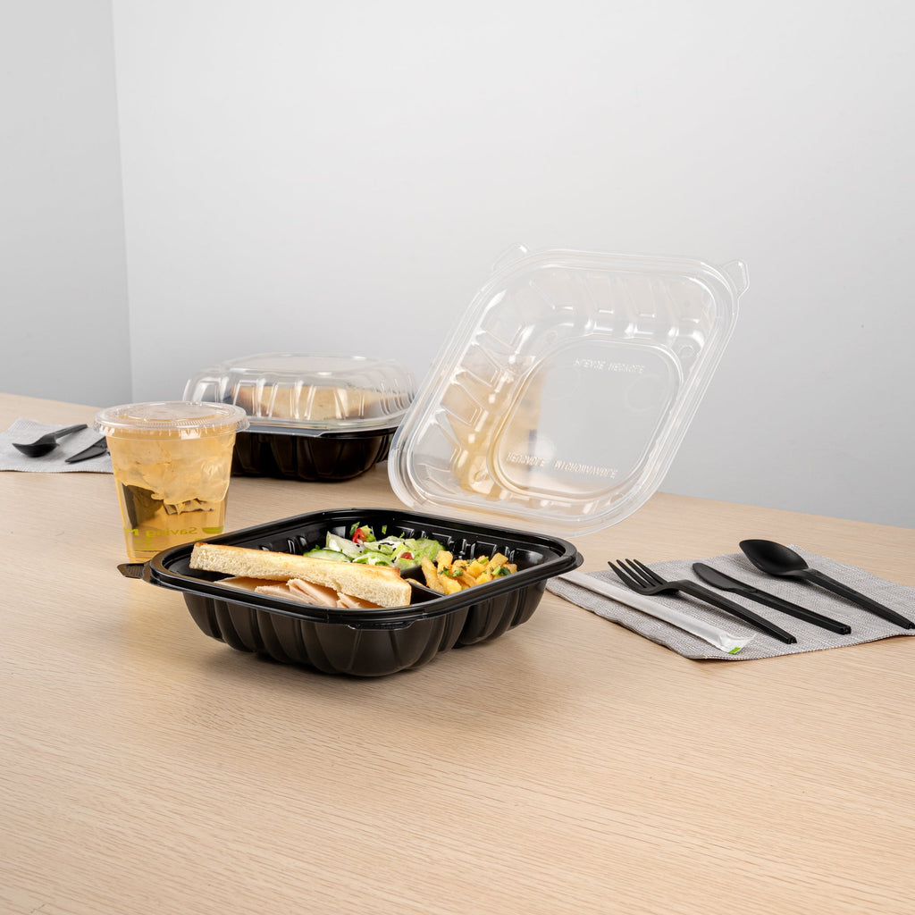 Thermo Tek 34 oz Black Plastic Clamshell Container - 3 Compartments, Microwavable - 8" x 8" x 3" - 100 count box