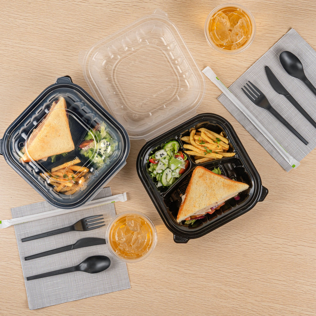 Thermo Tek 34 oz Black Plastic Clamshell Container - 3 Compartments, Microwavable - 8" x 8" x 3" - 100 count box