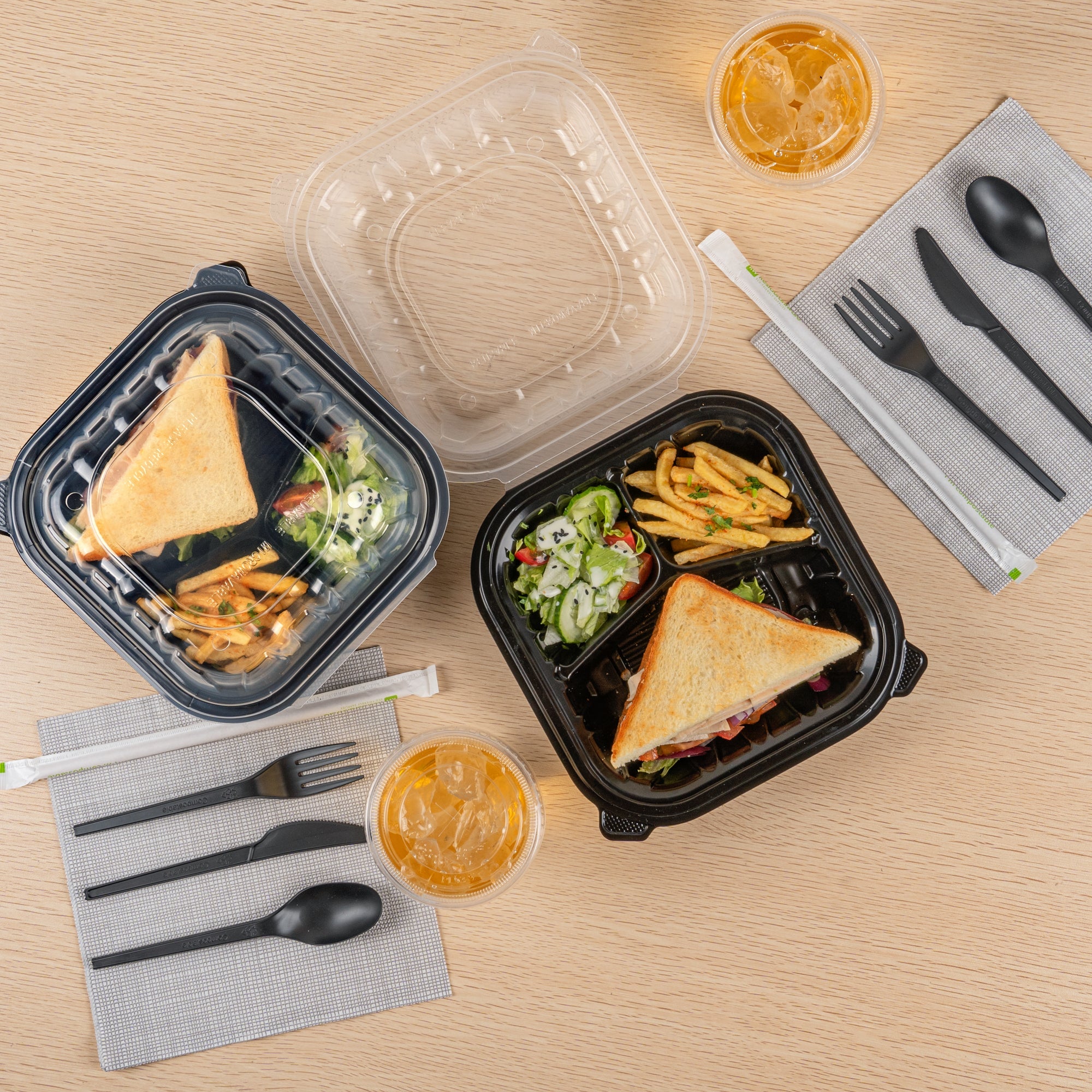 Thermo Tek 34 oz Black Plastic Clamshell Container - 3 Compartments, Microwavable - 8" x 8" x 3" - 100 count box
