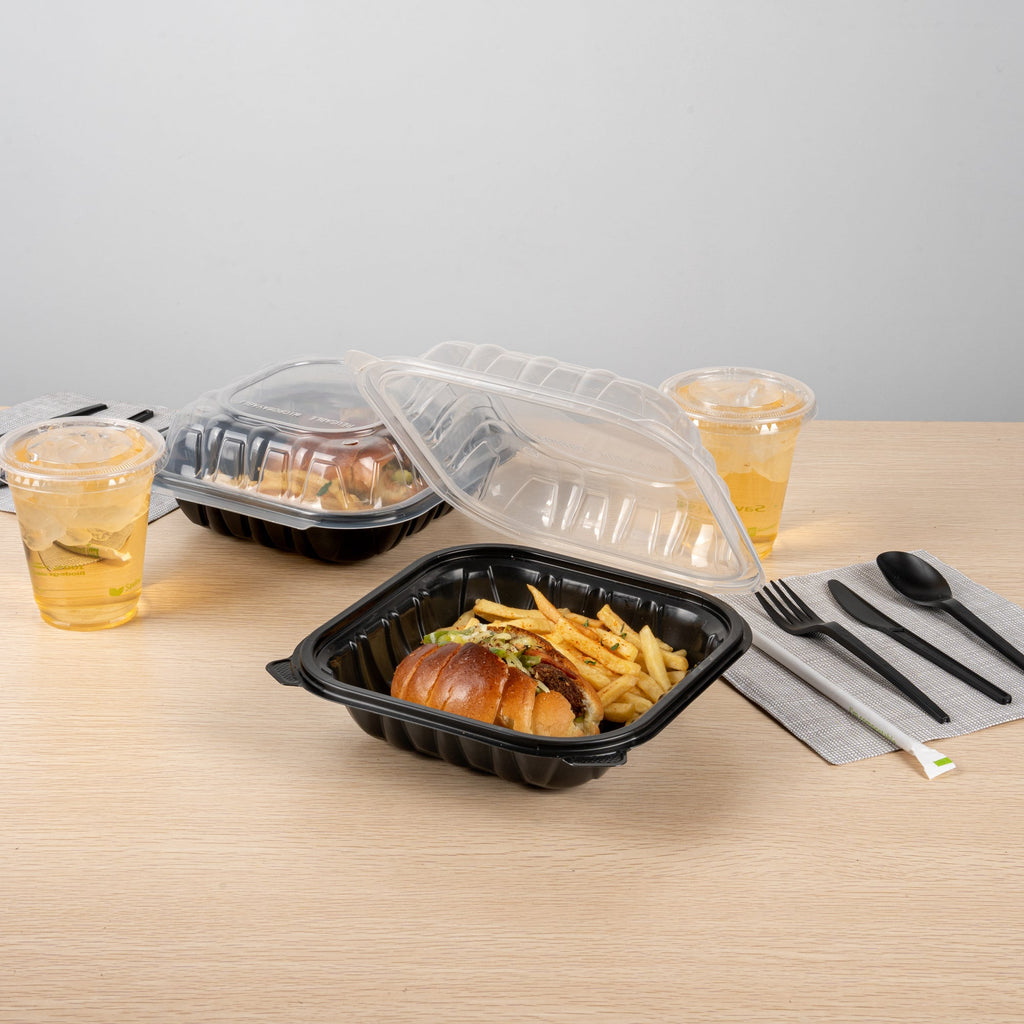 Thermo Tek 34 oz Black Plastic Clamshell Container - Microwavable - 8" x 8" x 3" - 100 count box