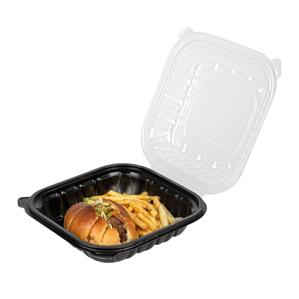 Thermo Tek 34 oz Black Plastic Clamshell Container - Microwavable - 8" x 8" x 3" - 100 count box