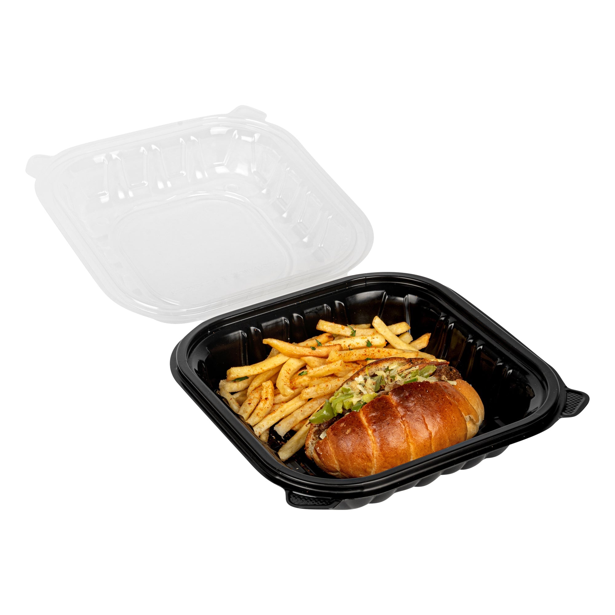 Thermo Tek 34 oz Black Plastic Clamshell Container - Microwavable - 8" x 8" x 3" - 100 count box
