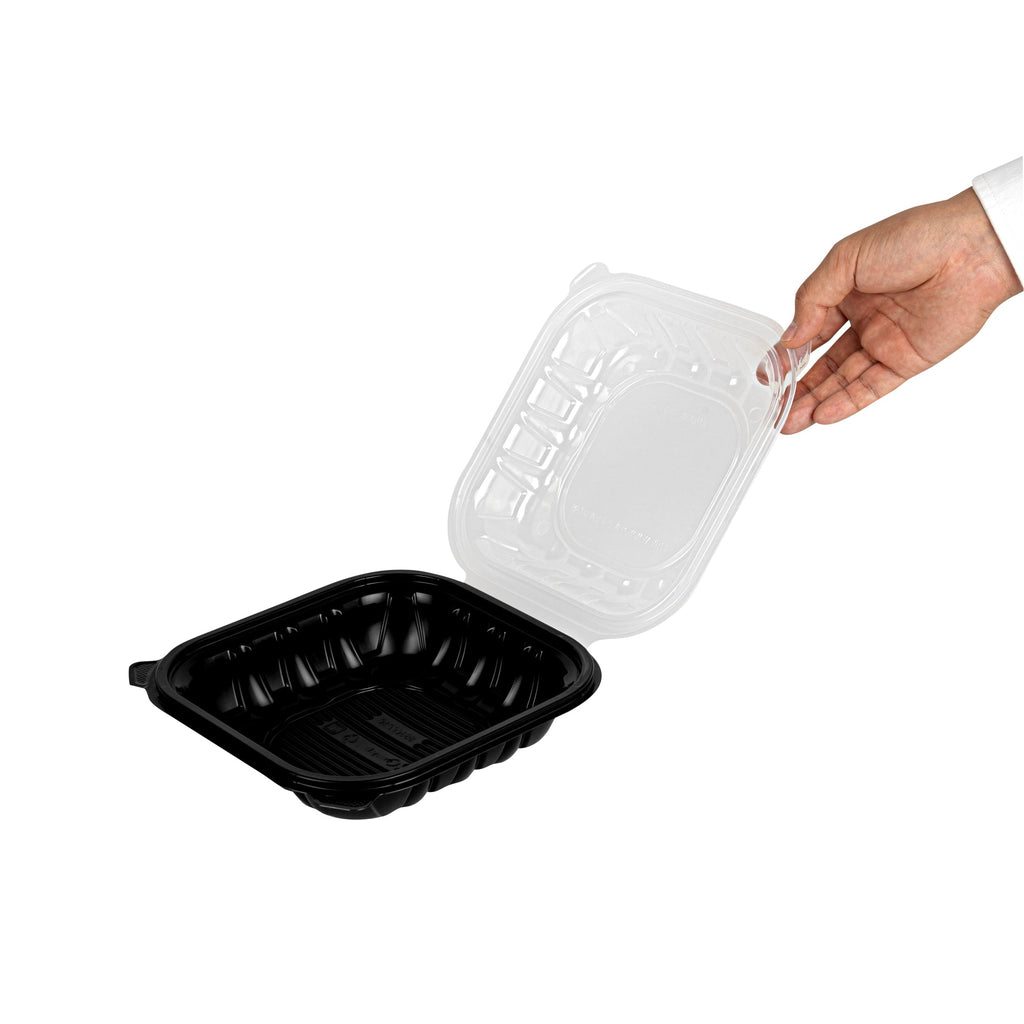 Thermo Tek 34 oz Black Plastic Clamshell Container - Microwavable - 8" x 8" x 3" - 100 count box