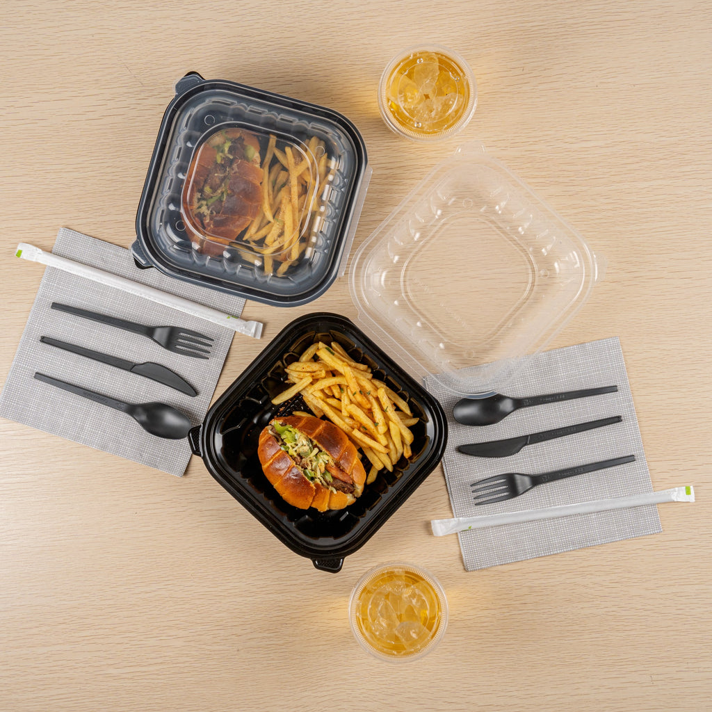 Thermo Tek 34 oz Black Plastic Clamshell Container - Microwavable - 8" x 8" x 3" - 100 count box
