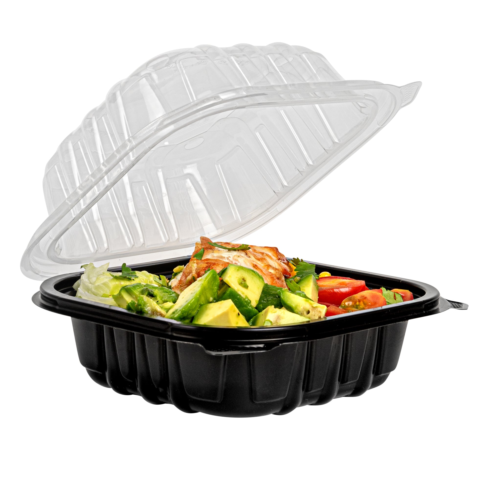 Thermo Tek 16 oz Black Plastic Clamshell Container - Microwavable - 6" x 6" x 3" - 100 count box