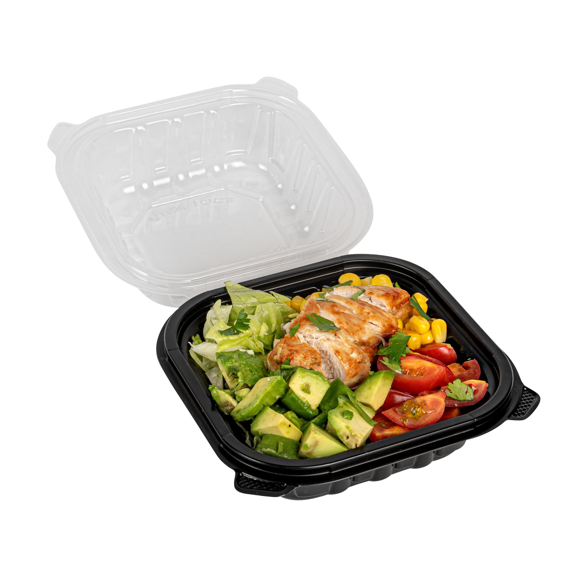 Thermo Tek 16 oz Black Plastic Clamshell Container - Microwavable - 6" x 6" x 3" - 100 count box