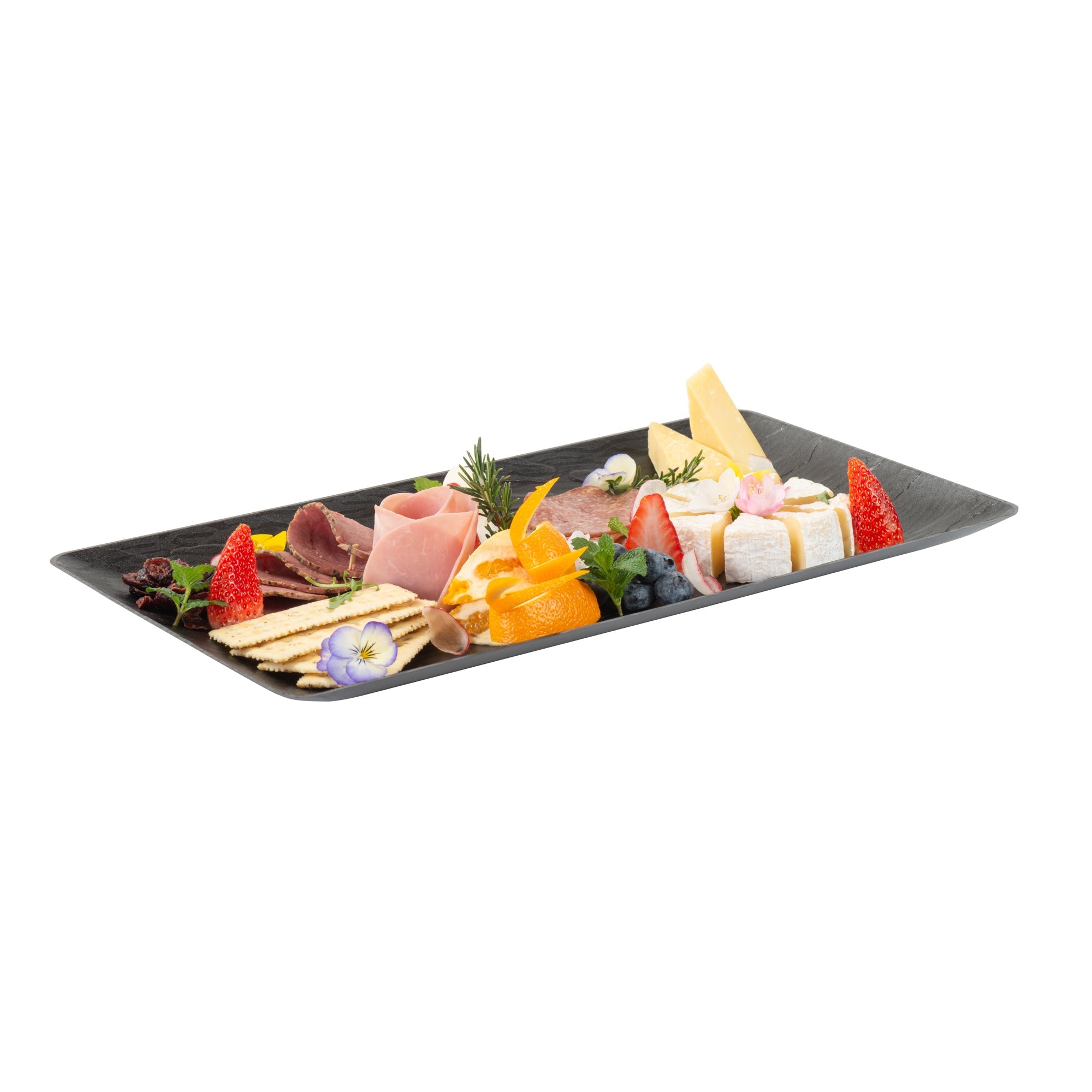 Maxi Serve Rectangle Matte Black Plastic Plate - 17" x 9" - 100 count box