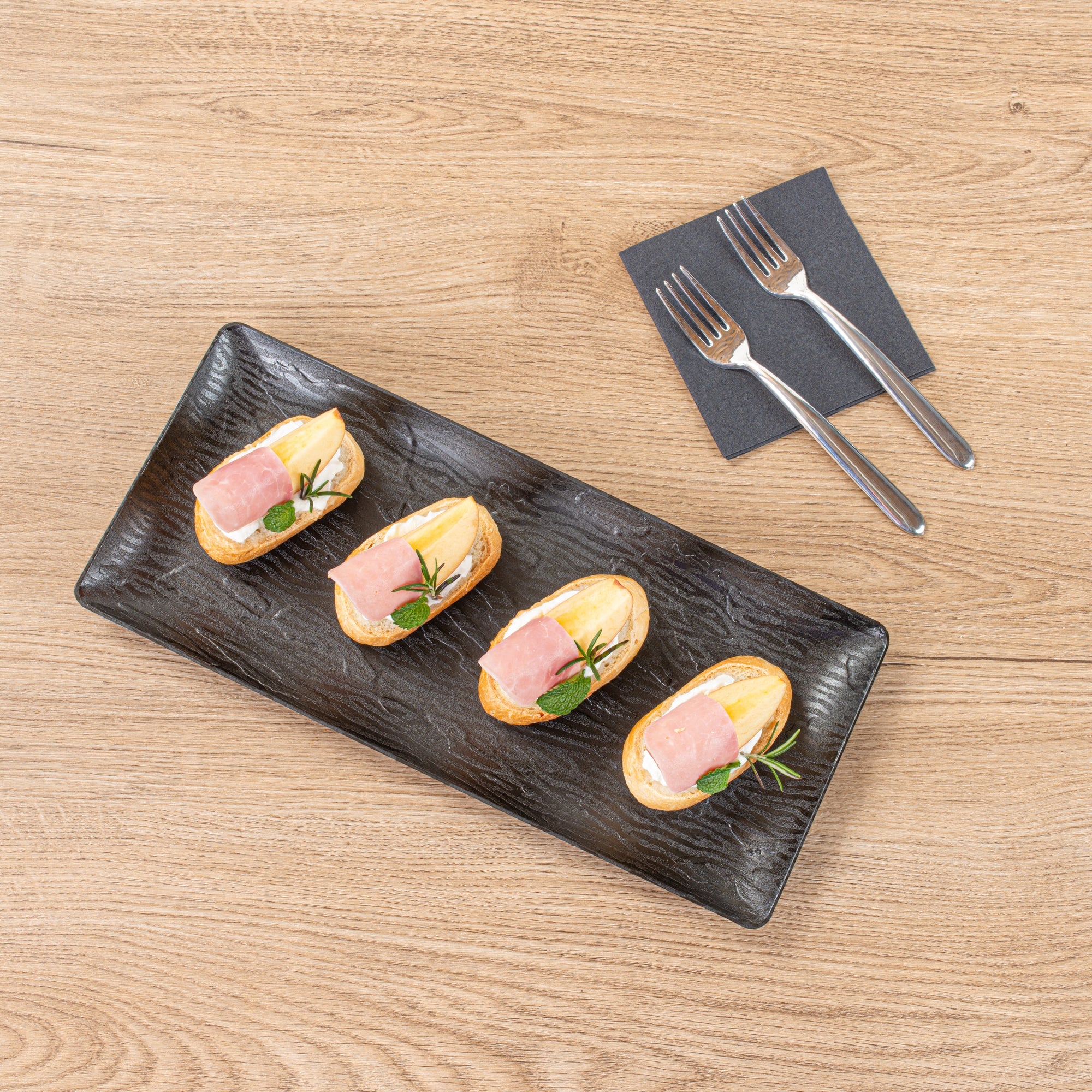 Maxi Serve Rectangle Matte Black Plastic Plate - 14 1/4" x 6 1/4" - 100 count box