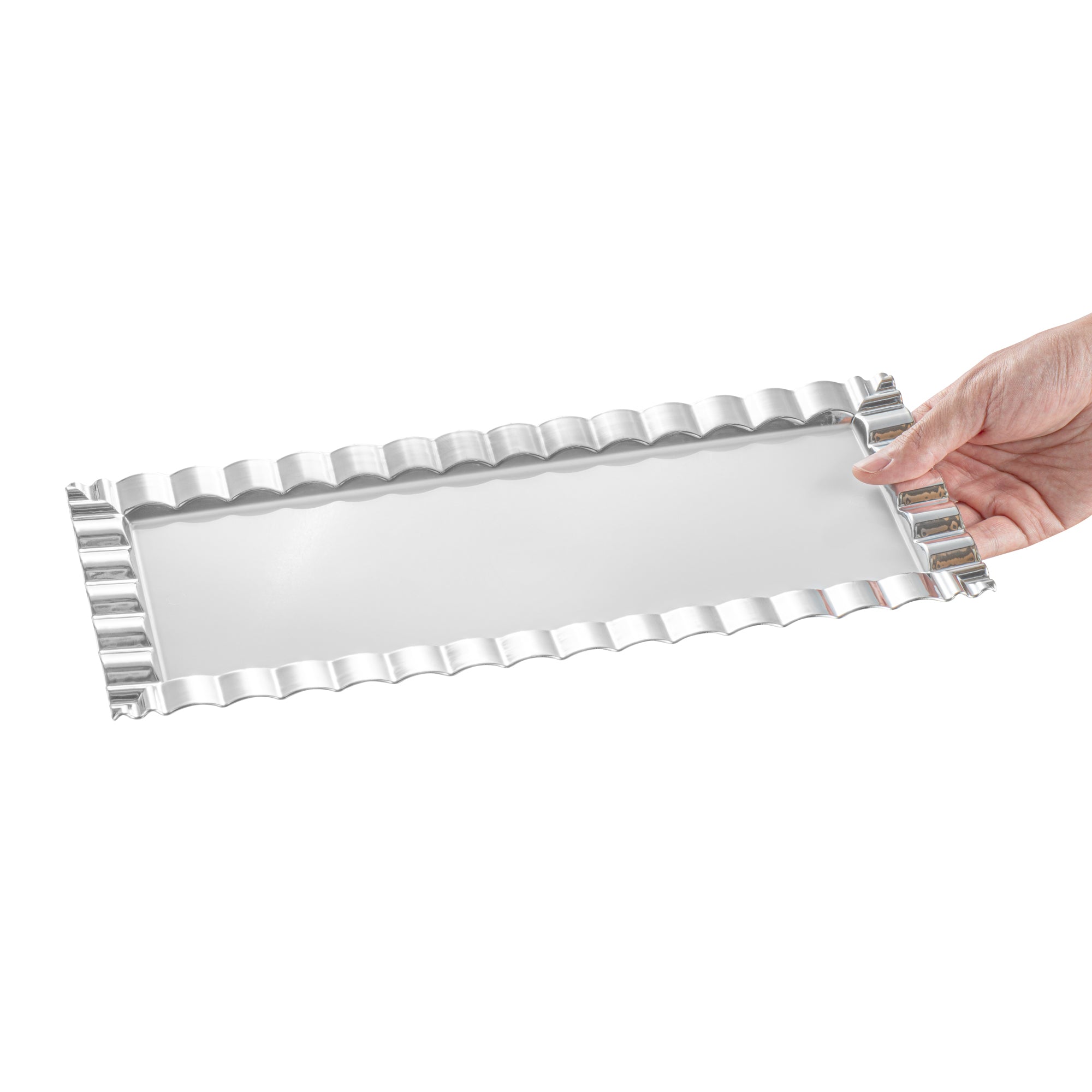 Maxi Serve Rectangle White Plastic Plate - with Silver Ruffled Rim - 14 1/4" x 6 1/4" - 100 count box