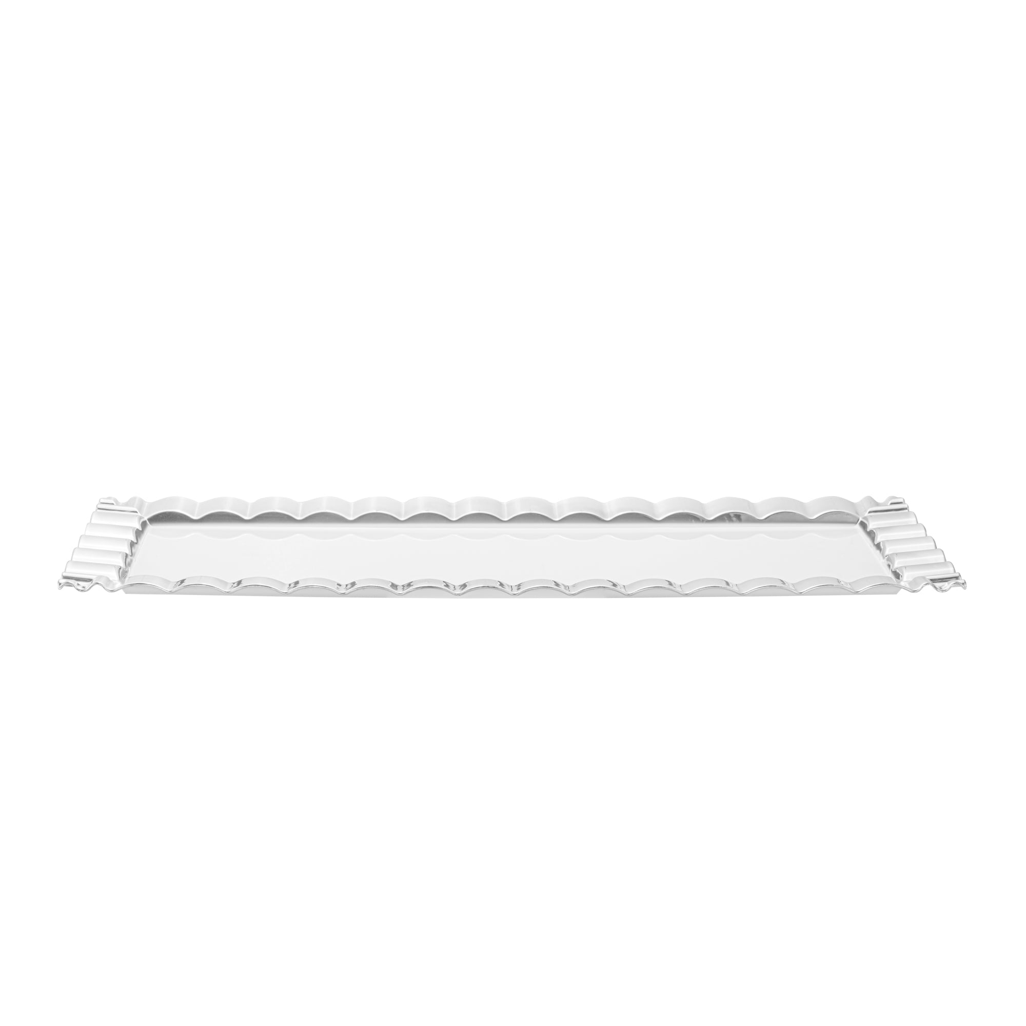 Maxi Serve Rectangle White Plastic Plate - with Silver Ruffled Rim - 14 1/4" x 6 1/4" - 100 count box
