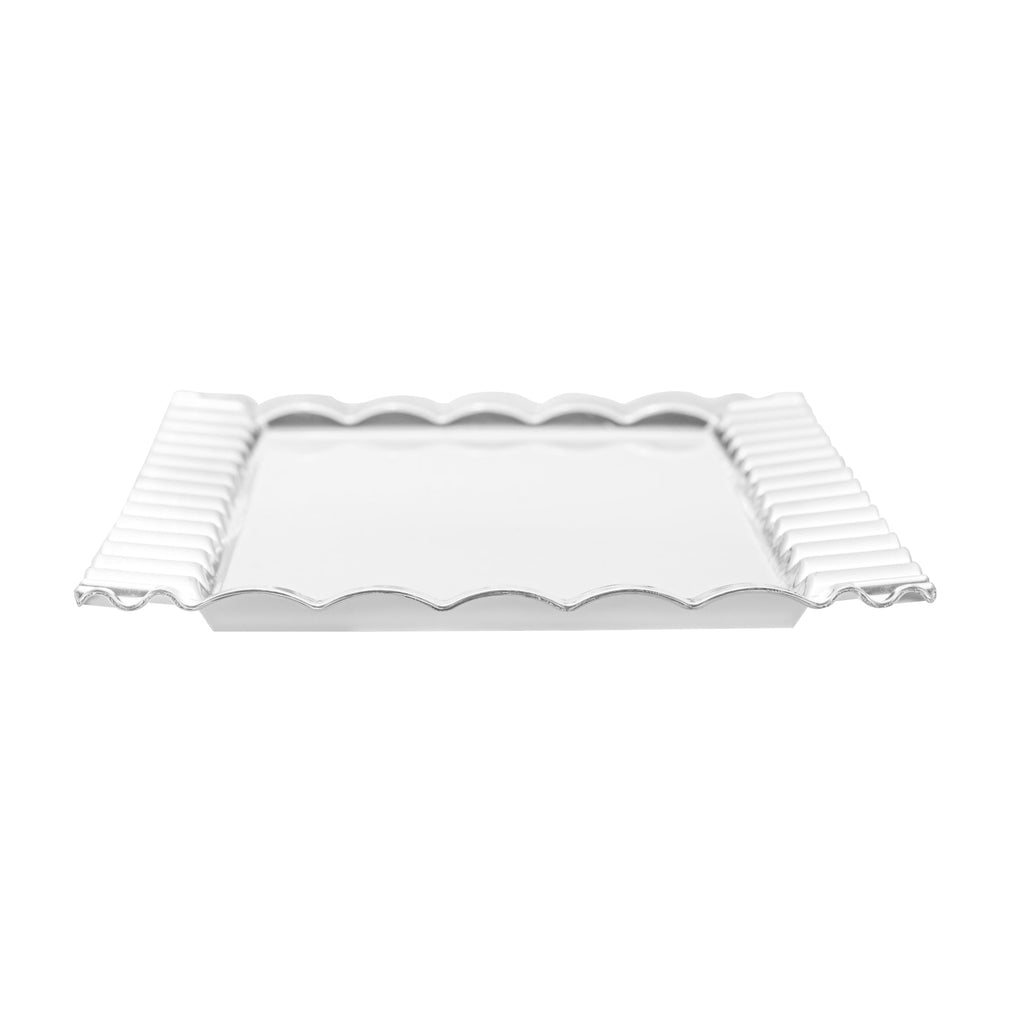 Maxi Serve Rectangle White Plastic Plate - with Silver Ruffled Rim - 14 1/4" x 6 1/4" - 100 count box