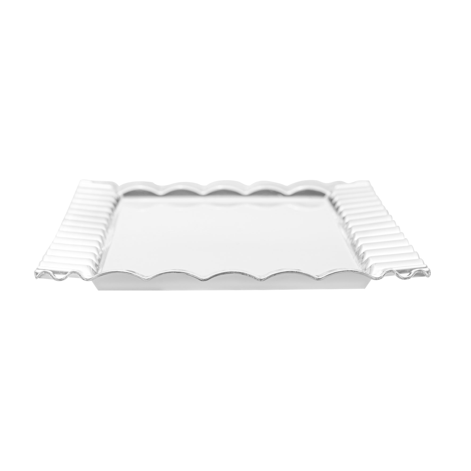 Maxi Serve Rectangle White Plastic Plate - with Silver Ruffled Rim - 14 1/4" x 6 1/4" - 100 count box