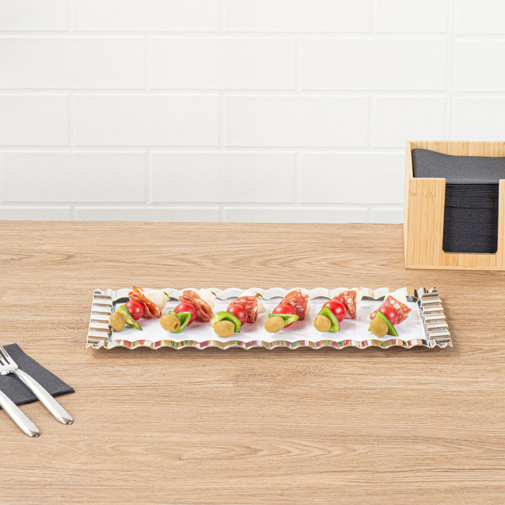 Maxi Serve Rectangle White Plastic Plate - with Silver Ruffled Rim - 14 1/4" x 6 1/4" - 100 count box