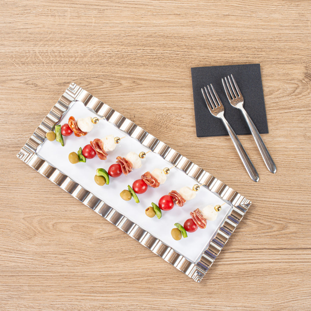 Maxi Serve Rectangle White Plastic Plate - with Silver Ruffled Rim - 14 1/4" x 6 1/4" - 100 count box