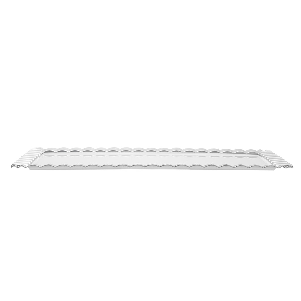 Maxi Serve Rectangle White Plastic Plate - with Silver Ruffled Rim - 17" x 9" - 100 count box