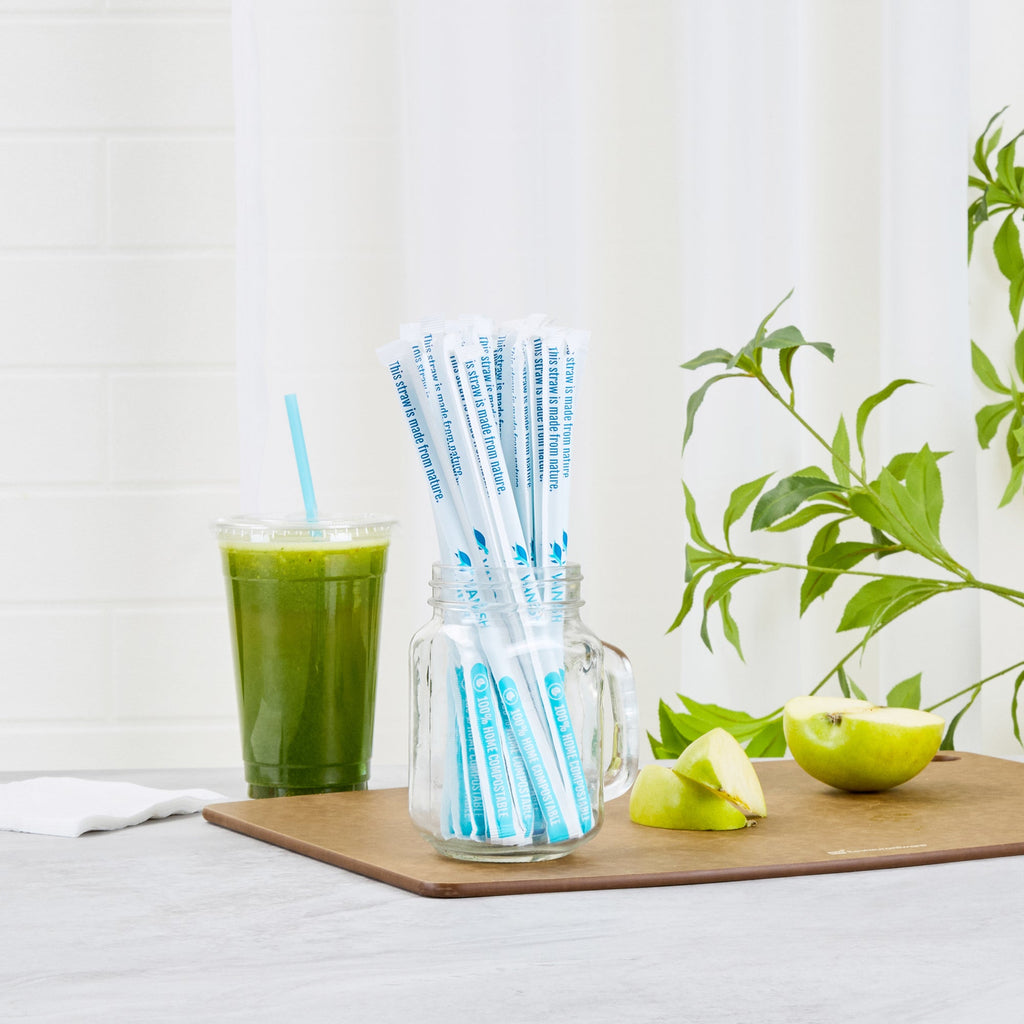 Vanish Blue PHA Plastic Straw - Wrapped, Compostable - 7 3/4" - 1000 count box