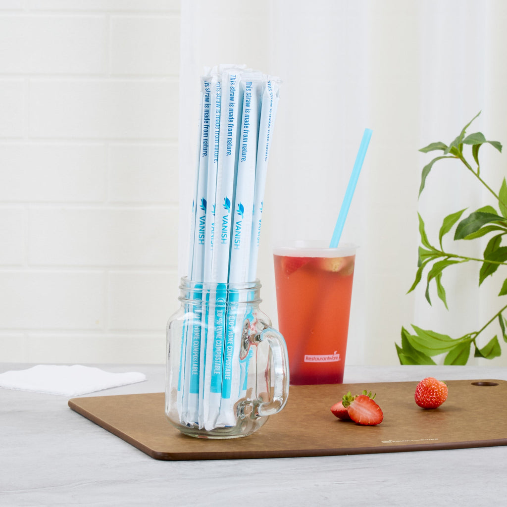 Vanish Blue PHA Plastic Straw - Wrapped, Compostable - 10 1/4" - 100 count box