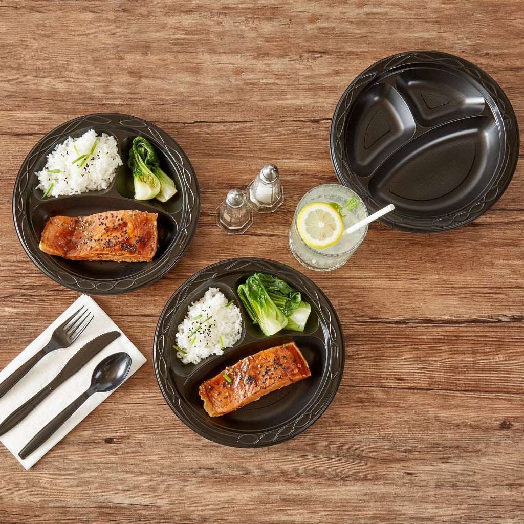 Chef 101 Round Black Plastic Plate - 3 Compartments, Microwavable - 9" x 9" x 3/4" - 100 count box