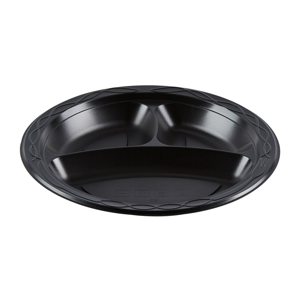 Chef 101 Round Black Plastic Plate - 3 Compartments, Microwavable - 9" x 9" x 3/4" - 100 count box
