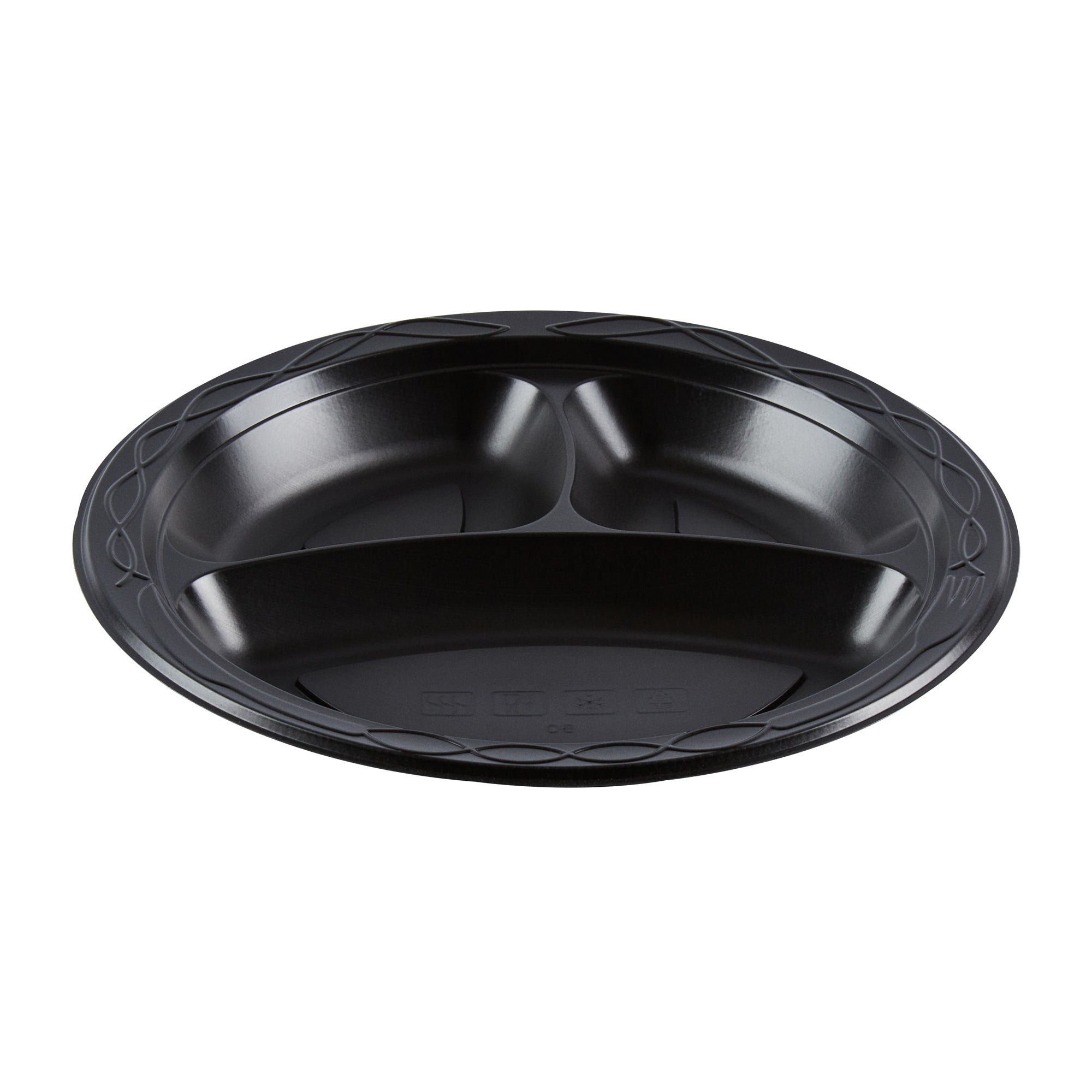Chef 101 Round Black Plastic Plate - 3 Compartments, Microwavable - 9" x 9" x 3/4" - 100 count box